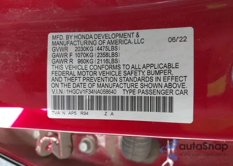 2022 Honda Accord Sport from USA, damaged, VIN 1HGCV1F34NA058640